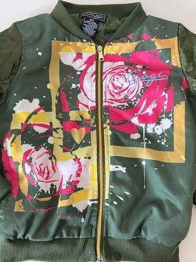 Coogi Kids Girls 4T Green Bomber Jacket Floral Rose Gold Zip Coat